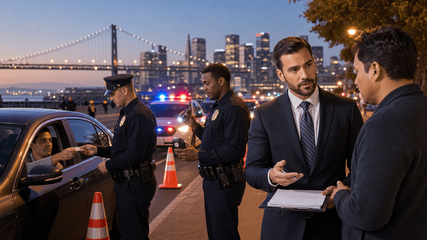 Nighttime city street with orange traffic cones and a police checkpoint under flashing red and blue lights